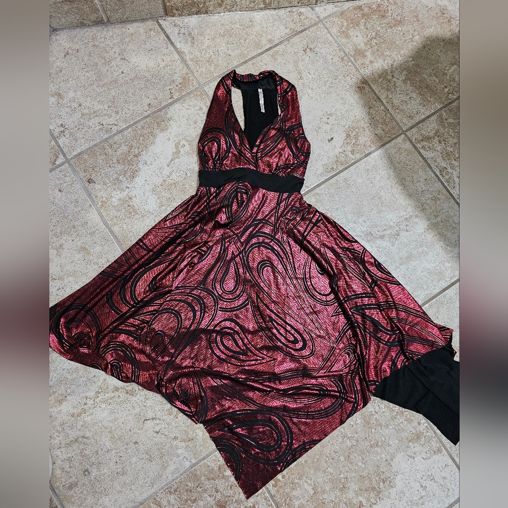 Dulce Carola Womens Large Dress Metallic Red Black Swirl Halter Iconic Goth Rave - Picture 2 of 8